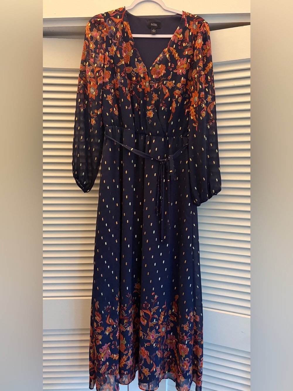 MSK Navy Floral Maxi Dress with Rust and Gold Accents